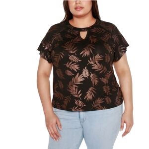 Belldini Top Plus Foil-Printed Keyhole Size 3X Black Rose Gold Short Sleeve